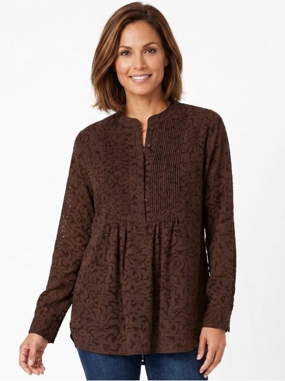 Coldwater Creek Blouse Top Womens Size XL Floral Burnout Button Brown Pintuck